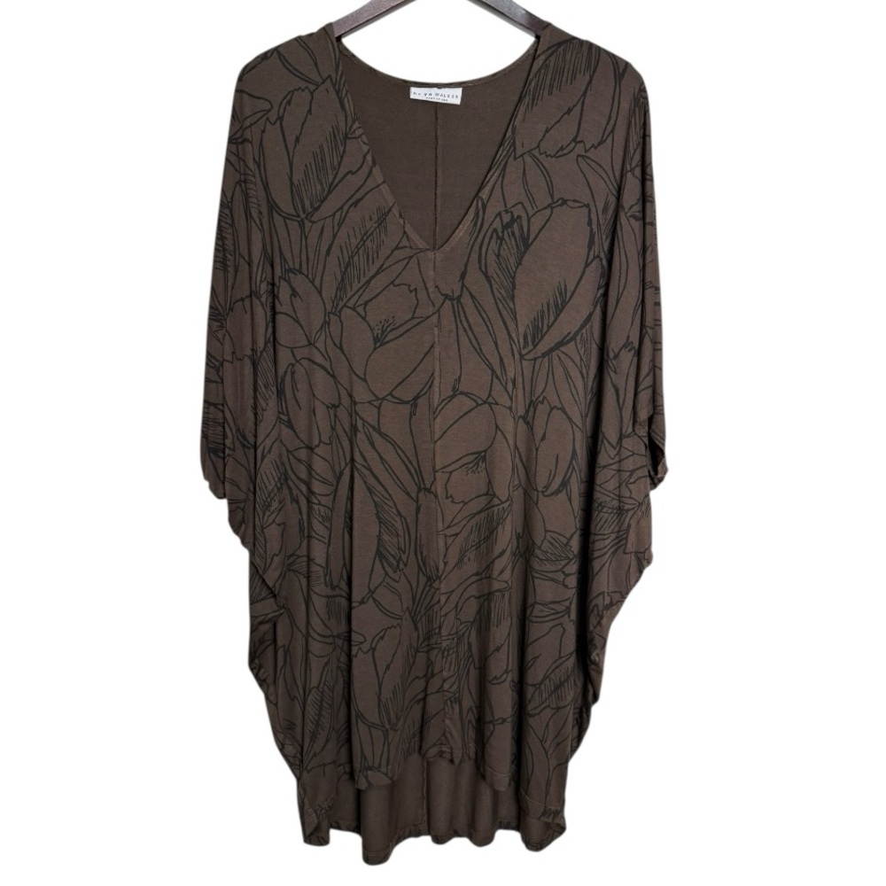 Bryn Walker Floral High-Low Poncho Top Chocolate Brown Black Boho Artsy Size M